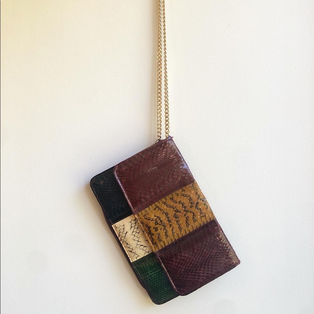 Faux snakeskin purse with gold chain